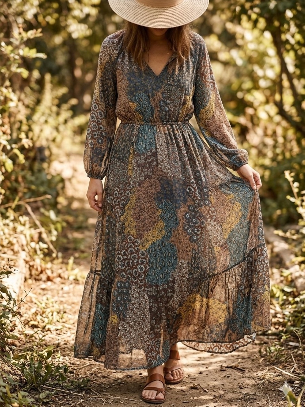 Bohemian Paisley Maxi Dress in Teal, Brown & Mustard